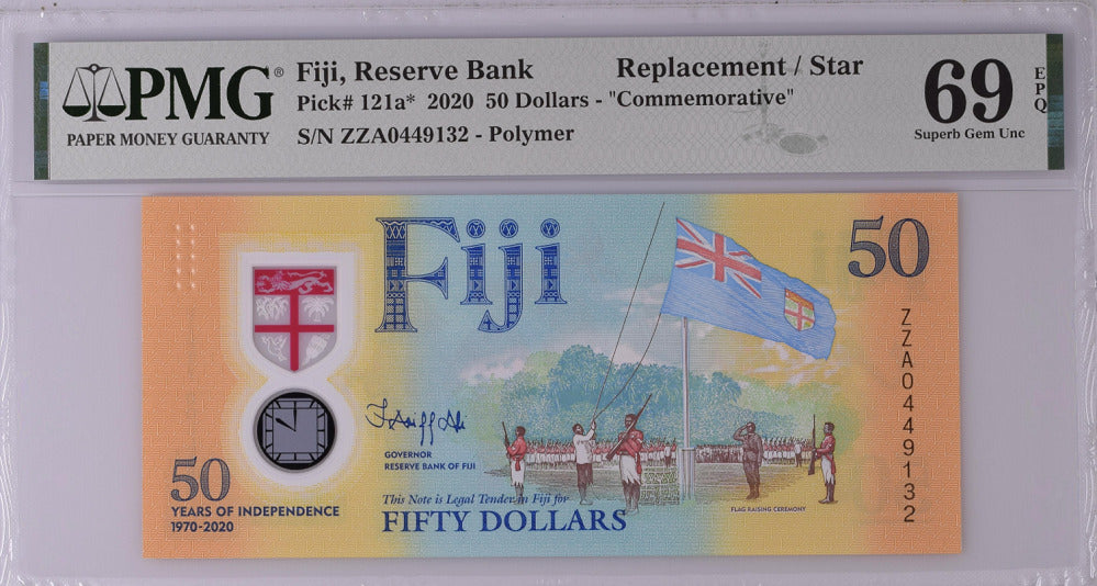 Fiji 50 Dollars ND 2020 P 121* Replacement ZZA Polymer Superb GEM UNC PMG 69 EPQ