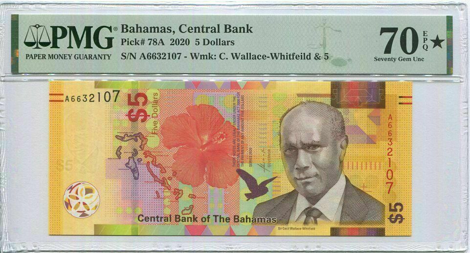 Bahamas 5 Dollars 2020 P 78A Superb Gem UNC PMG 70 EPQ Extra Star