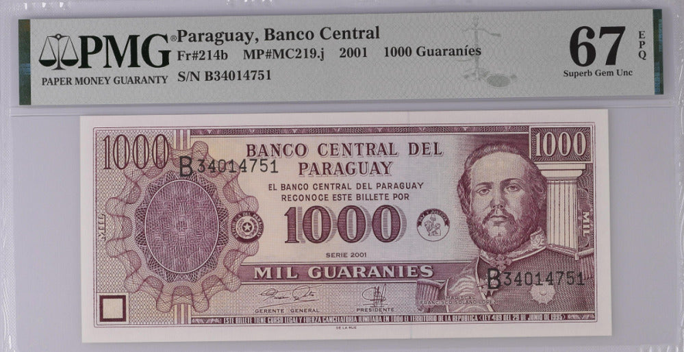 Paraguay 1000 Guaranies 2001 P 214 b Superb Gem UNC PMG 67 EPQ