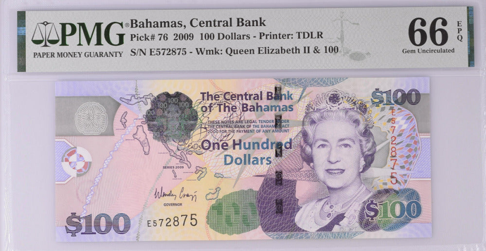 Bahamas 100 Dollars 2009 P 76 Gem UNC PMG 66 EPQ