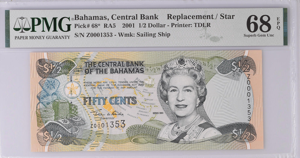 Bahamas 1/2 Dollars 2001 P 68* Replacement Superb GEM UNC PMG 68 EPQ Top