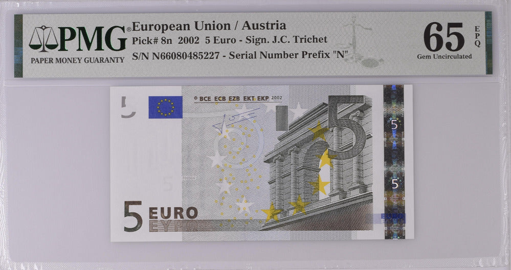 Euro 5 Euro Austria 2002 P 8 N Prefix Gem UNC PMG 65 EPQ