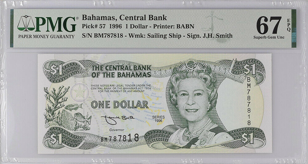Bahamas 1 Dollar 1996 P 57 Superb Gem UNC PMG 67 EPQ High