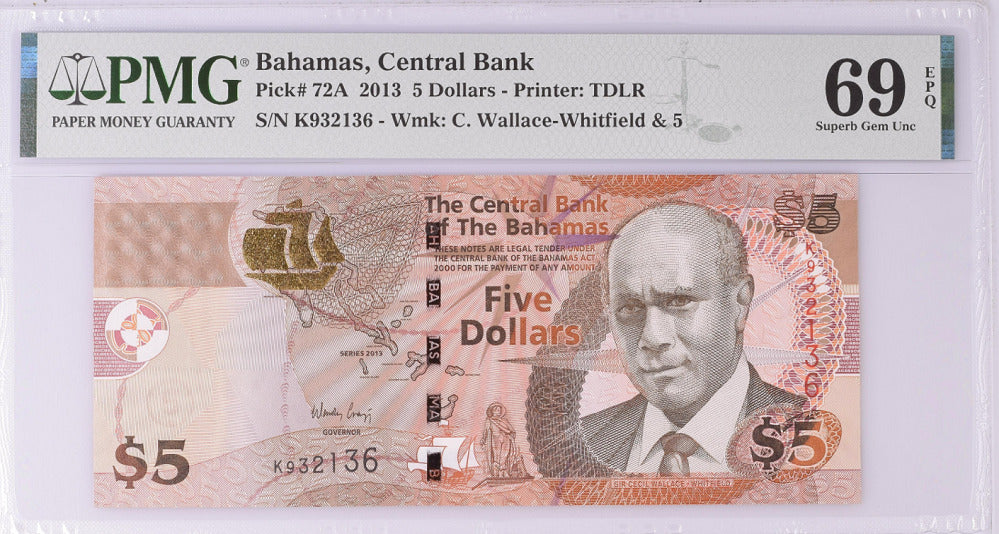 Bahamas 5 Dollars 2013 P 72A Superb Gem UNC PMG 69 EPQ Top Pop