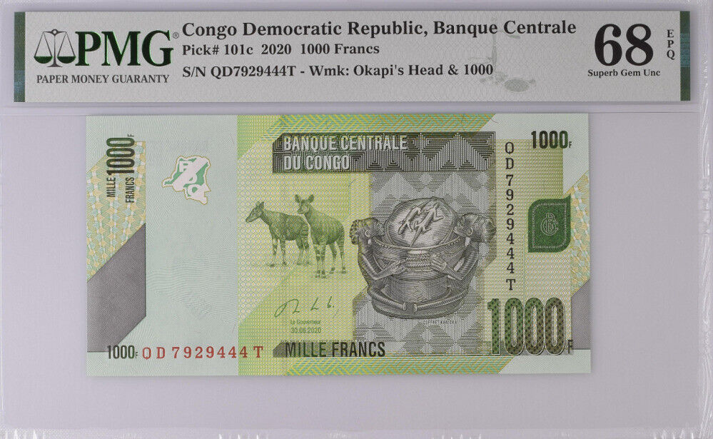 Congo 1000 Francs 2020 P 101 c Superb Gem UNC PMG 68 EPQ Top Pop