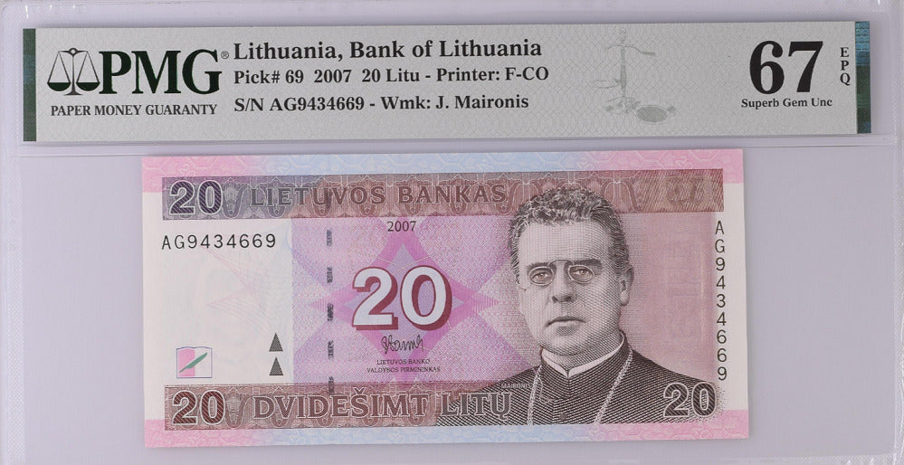 Lithuania 20 Litu 2007 P 69 Superb GEM UNC PMG 67 EPQ