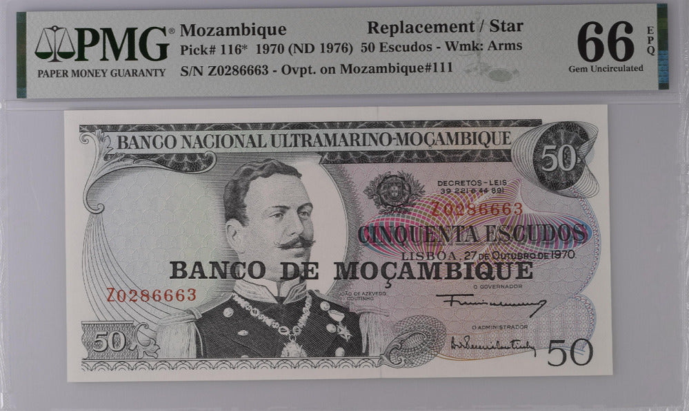 Mozambique 50 Escudos 1970 P 116* Replacement GEM UNC PMG 66 EPQ Top Pop