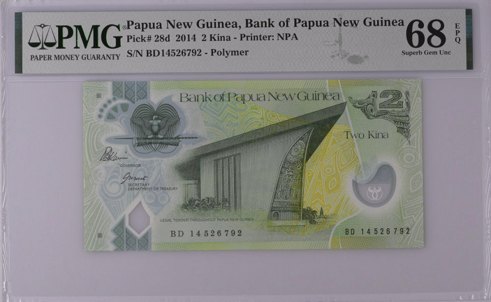 Papua New Guinea 2 Kina 2014 P 28 d Polymer Superb Gem UNC PMG 68 EPQ Top Pop