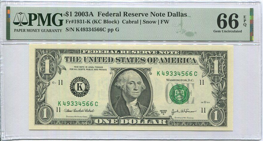 United States 1 Dollar USA 2003A P 515 b K Dallas GEM UNC PMG 66 EPQ