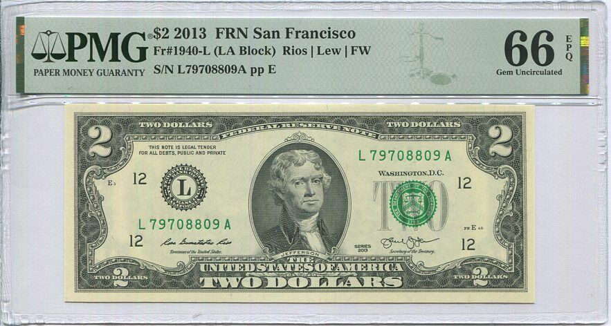 United States 2 Dollars USA 2013 P 538 L San Francisco Gem UNC PMG 66 EPQ