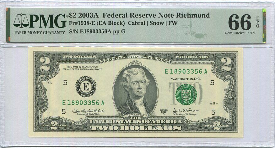 United States 2 Dollars USA 2003A P 516 b E Richmond GEM UNC PMG 66 EPQ