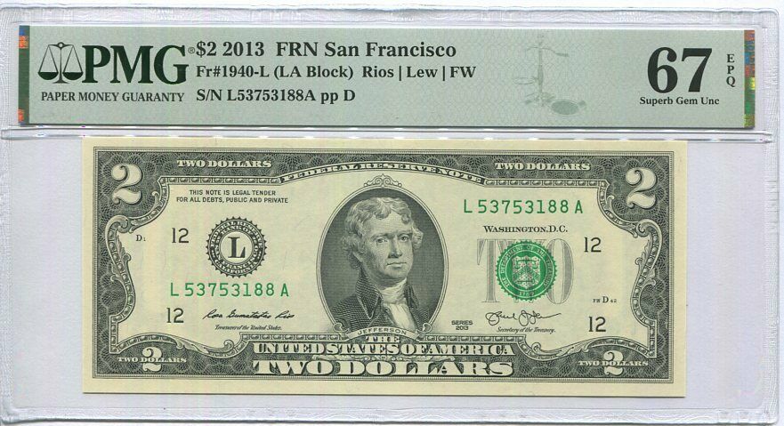 United States 2 Dollars USA 2013 P 538 L San Francisco Superb Gem UNC PMG 67 EPQ