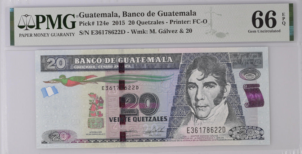 Guatemala 20 Quetzales 2015 P 124 e Gem UNC PMG 66 EPQ