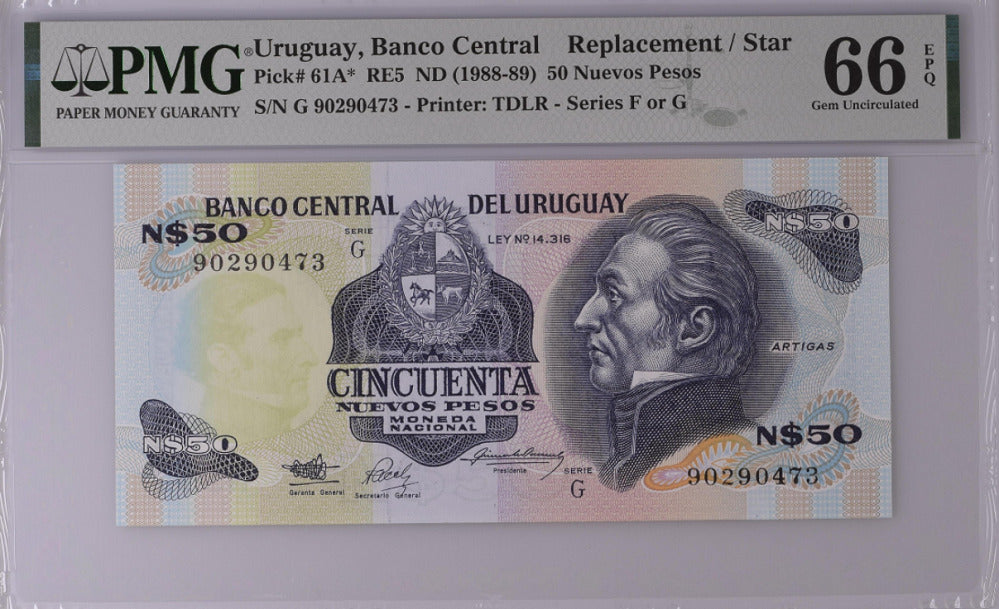Uruguay 50 Pesos 1988/1989 P 61A* Replacement Gem UNC PMG 66 EPQ
