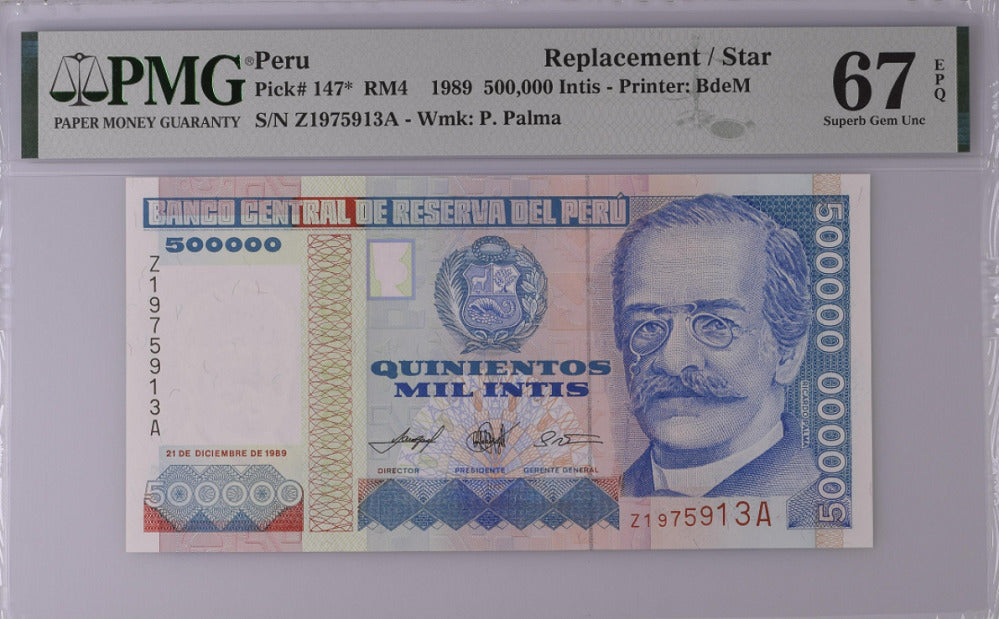 Peru 500000 Intis 1989 P 147* Replacement Superb Gem UNC PMG 67 EPQ