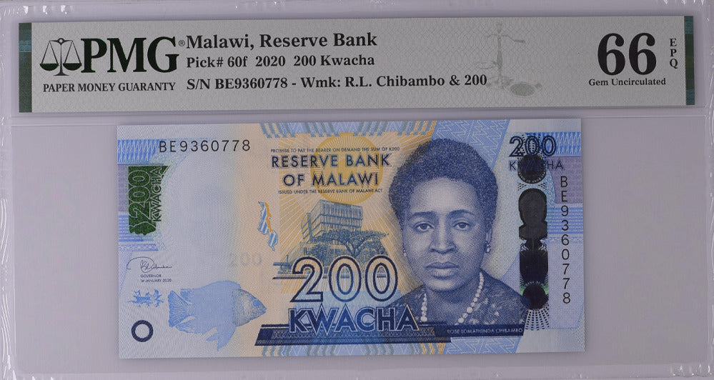 Malawi 200 Kwacha 2020 P 60 f Gem UNC PMG 66 EPQ