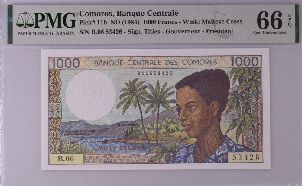 Comoros 1000 Francs ND 1984 P 11 b Gem UNC PMG 66 EPQ