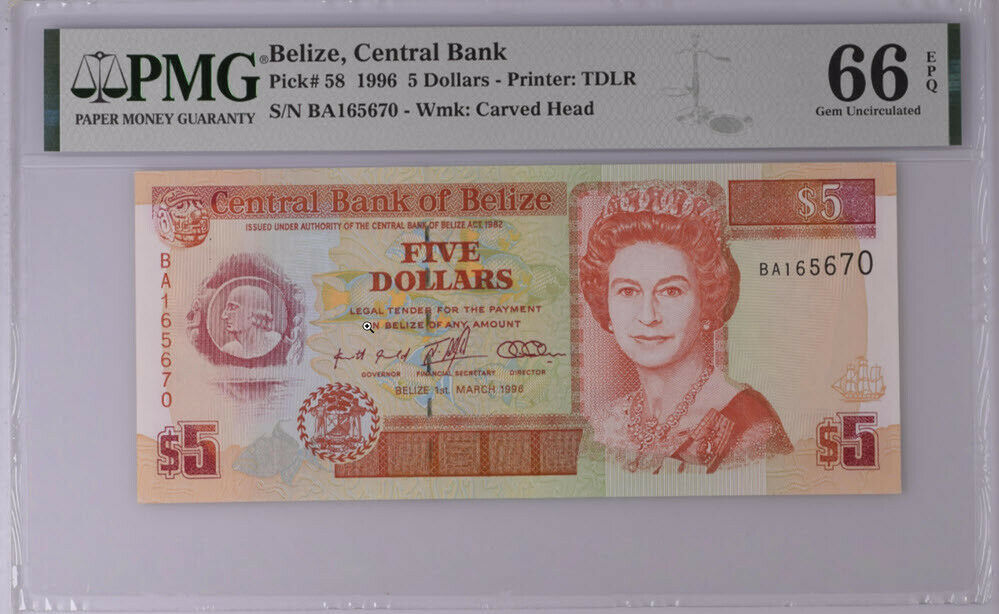 Belize 5 Dollars 1996 P 58 Gem UNC PMG 66 EPQ
