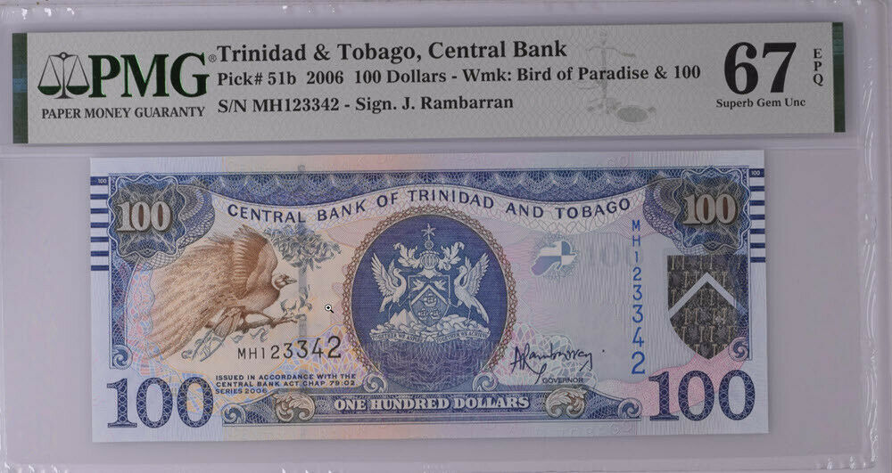 Trinidad & Tobago 100 Dollars 2006 P 51 b Superb Gem UNC PMG 67 EPQ NR