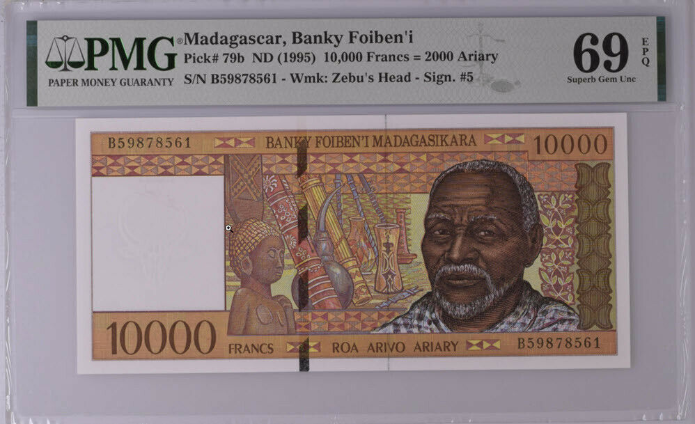 Madagascar 10000 Francs 2000 Ariary 1995 P 79 b Superb GEM UNC PMG 69 EPQ
