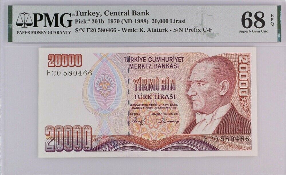 Turkey 20000 Lirasi 1970/1988 P 201 b Superb Gem UNC PMG 68 EPQ Top Pop