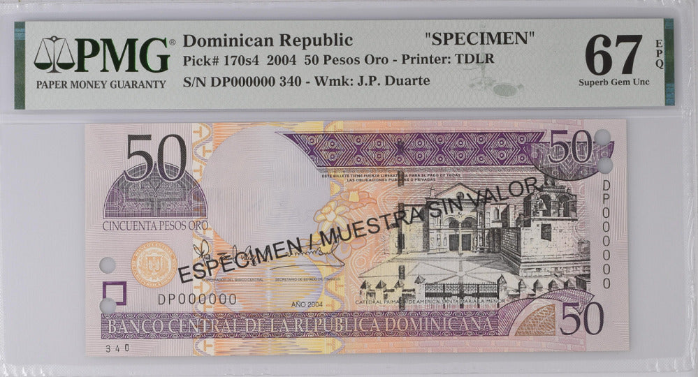 Dominican Republic 50 Pesos 2002 P 170 s4 SPECIMEN Superb Gem UNC PMG 67 EPQ Top