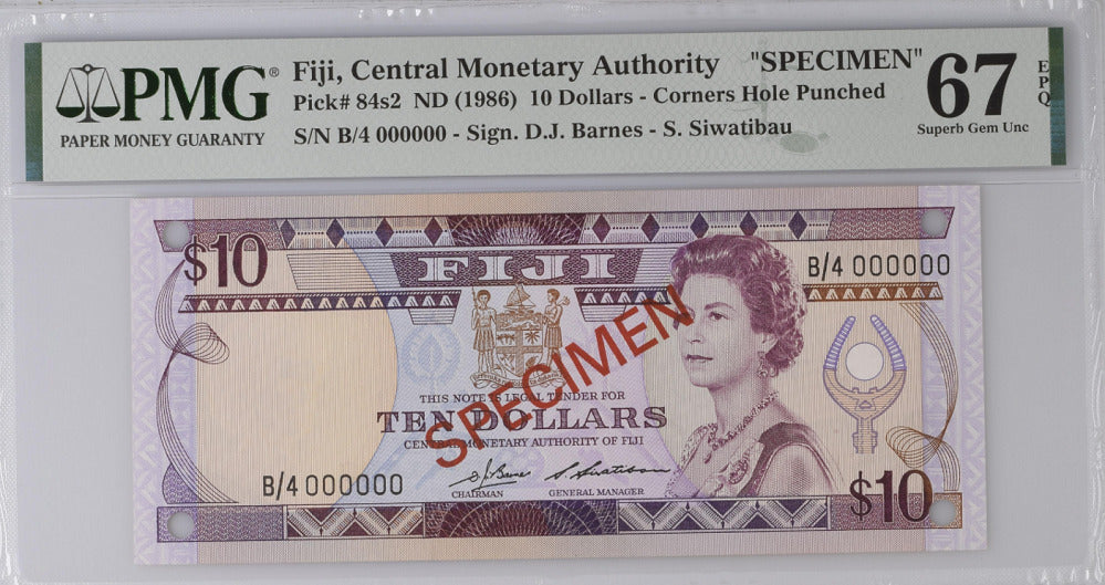 Fiji 10 Dollars ND 1986 P 84s2 SPECIMEN Superb Gem UNC PMG 67 EPQ