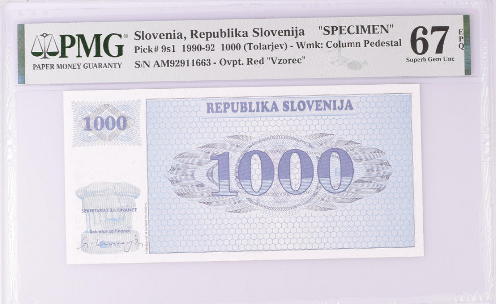Slovenia 1000 Tolarjev 1990 P 9 s1 SPECIMEN Superb Gem UNC PMG 67 EPQ Top Pop