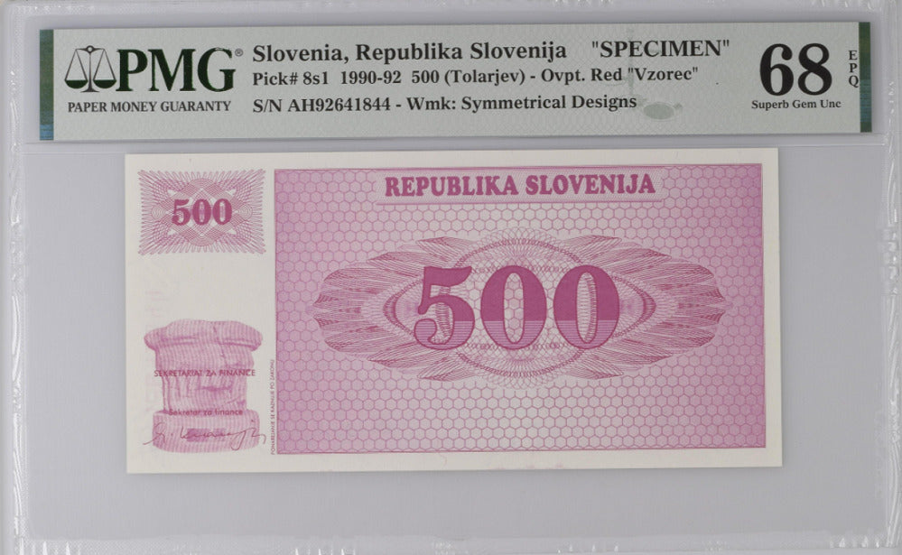 Slovenia 500 Tolarjev 1990-92 P 8 S1 Specimen Superb GEM UNC PMG 68 EPQ Top Pop