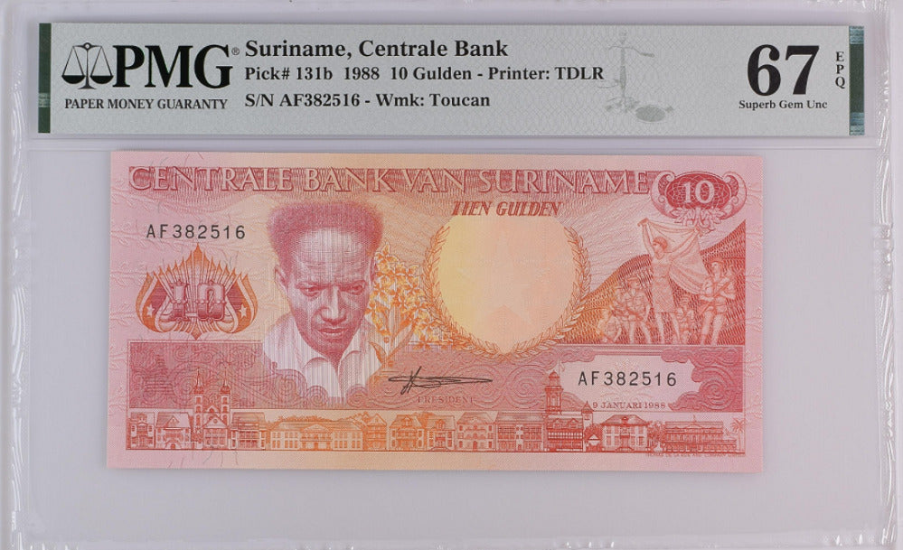 Suriname 10 Gulden 1988 P 131 b Superb GEM UNC PMG 67 EPQ