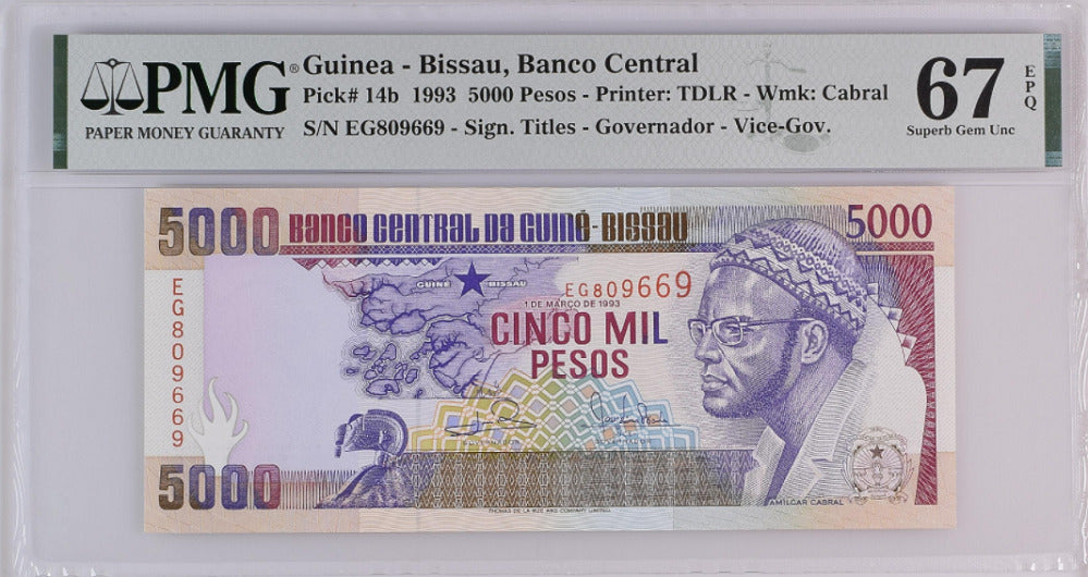 Guinea Bissau 5000 Pesos 1993 P 14 b Superb Gem UNC PMG 67 EPQ