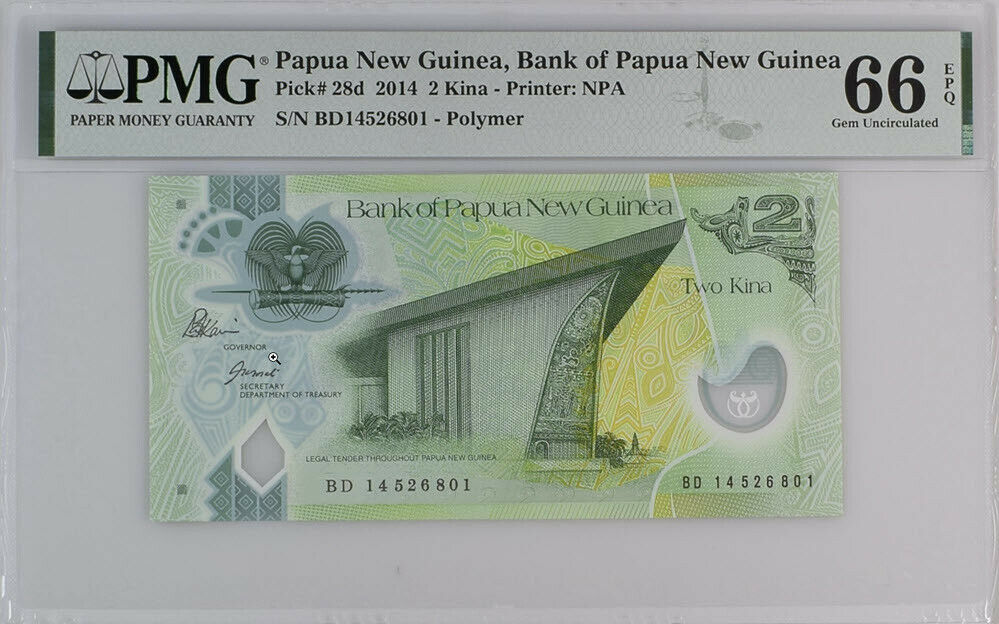 Papua New Guinea 2 Kina 2014 P 28 d Polymer Gem UNC PMG 66 EPQ