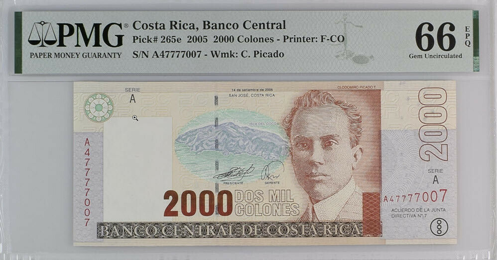 Costa Rica 2000 Colones 2005 P 265 e #47777007 Gem UNC PMG 66 EPQ