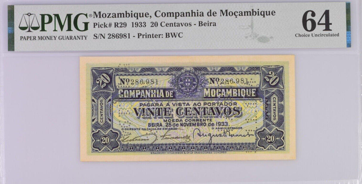 Mozambique 20 Centavos 1933 P r29 Choice UNC PMG 64