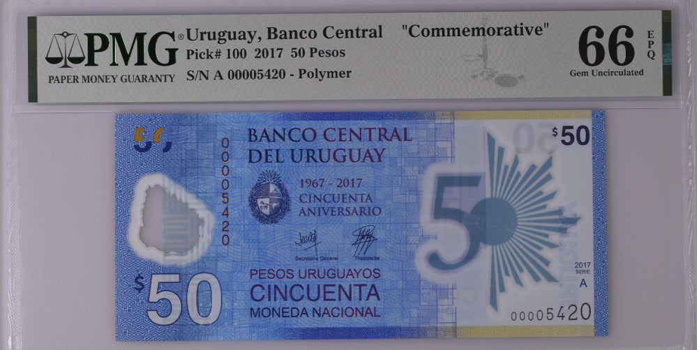 Uruguay 50 Pesos 2017 Polymer Comm. P 100 Low 4 Digit Number GEM UNC PMG 66 EPQ