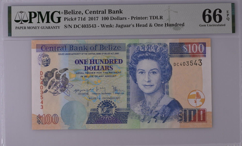 Belize 100 Dollars 2017 P 71 d GEM UNC PMG 66 EPQ