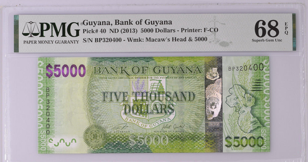 Guyana 5000 Dollars ND 2013 P 40 Superb Gem UNC PMG 68 EPQ Top Pop