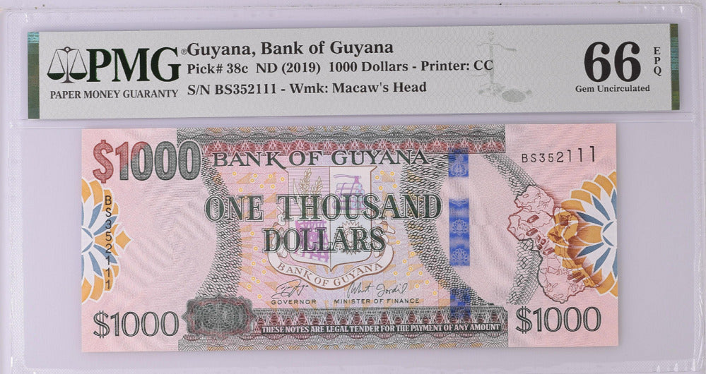 Guyana 1000 Dollars ND 2019 P 38 c Gem UNC PMG 66 EPQ