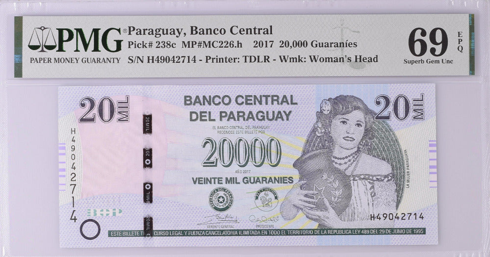 Paraguay 20000 Guaranies 2017 P 238 c Superb Gem UNC PMG 69 EPQ Top Pop