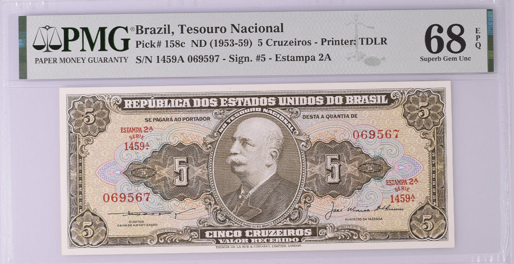 Brazil 5 Cruzeiros ND 1953-59 P 158 c Superb Gem UNC PMG 68 EPQ Top Pop