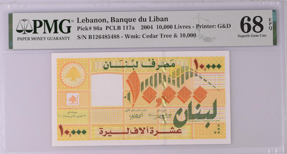 Lebanon 10000 Livres 2004 P 86 a Superb Gem UNC PMG 68 EPQ