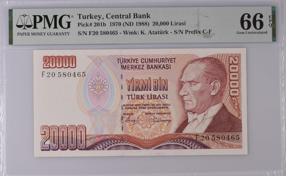 Turkey 20000 Lirasi 1970/1988 P 201 b Gem UNC PMG 66 EPQ