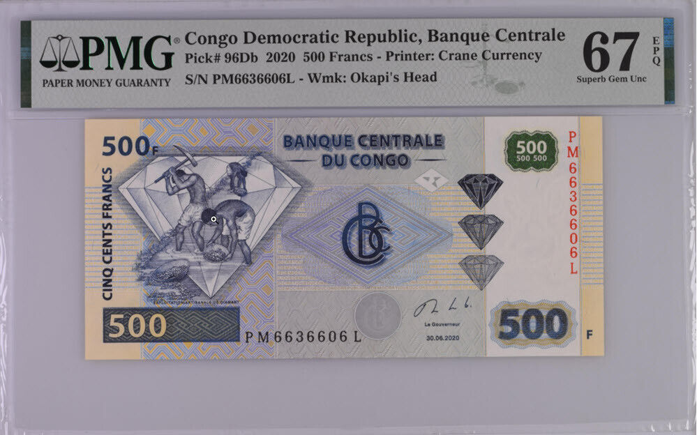 Congo 500 Francs 2020 P 96Db Superb Gem UNC PMG 67 EPQ