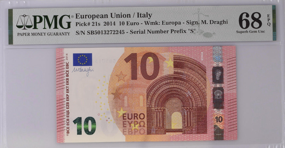 Euro 10 Euro Italy 2014 P 21 s Prefix S Superb Gem UNC PMG 68 EPQ