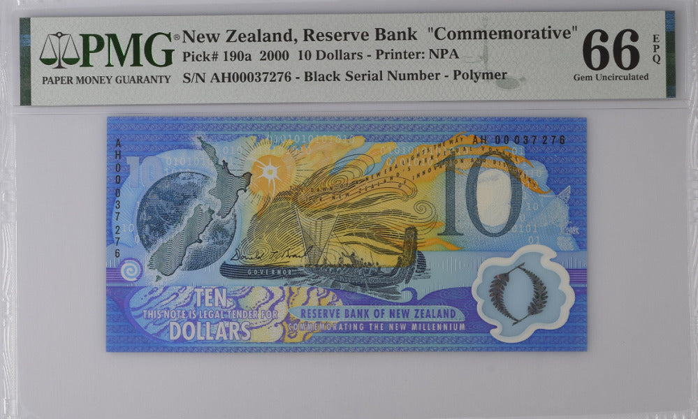 New Zealand 10 Dollars 2000 P 190 a Polymer Comm. Gem UNC PMG 66 EPQ