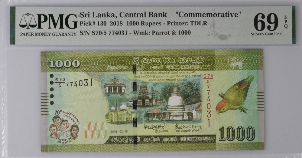 Sri Lanka 1000 Rupees 2018 P 130 Comm. Superb Gem UNC PMG 69 EPQ Top Pop