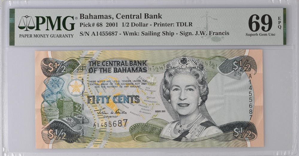 Bahamas 1/2 Dollars 2001 P 68 Superb GEM UNC PMG 69 EPQ Top Pop