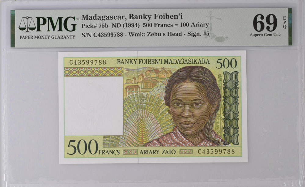 Madagascar 500 Francs ND 1994 P 75 b Superb Gem UNC PMG 69 EPQ Top