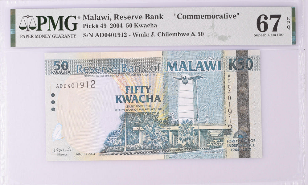 Malawi 50 Kwacha 2004 P 49 Comm. Superb GEM UNC PMG 67 EPQ