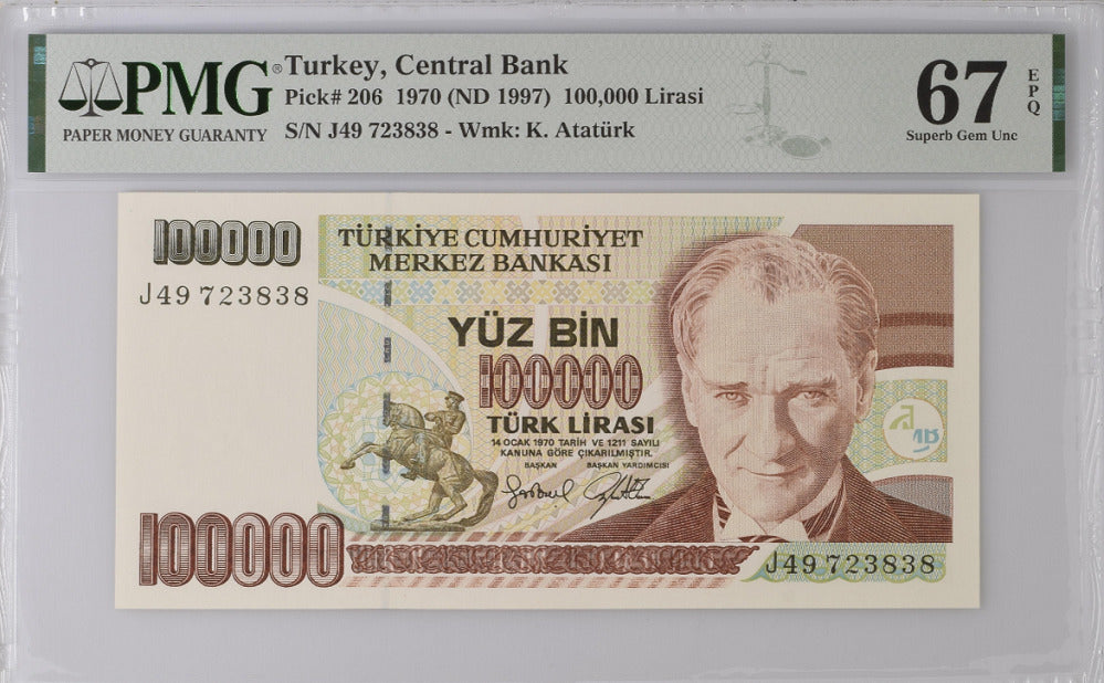 Turkey 100000 Lirasi 1970 ND 1997 P 206 Superb Gem UNC PMG 67 EPQ